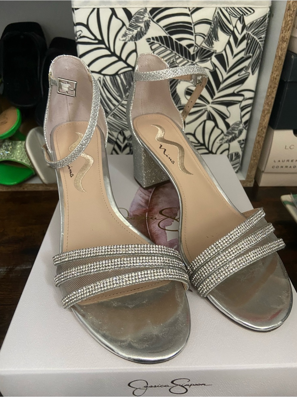 Nina Silver Rhinestone Strappy Block Heel Sandals